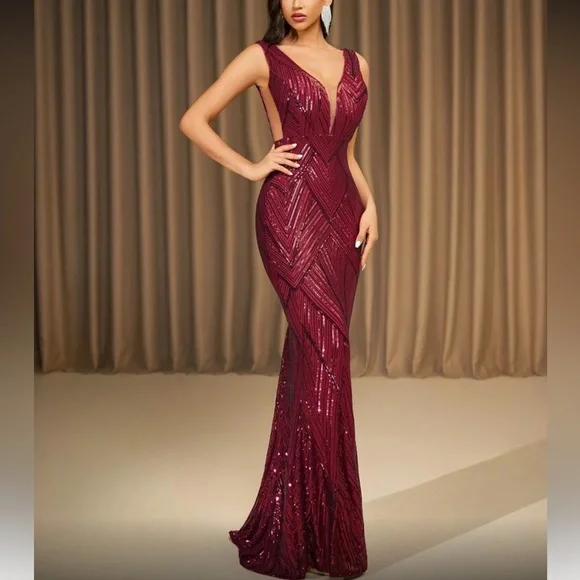 Luxe mermaid hem back evening party formal prom wedding sequin dress - Picture 6 of 6